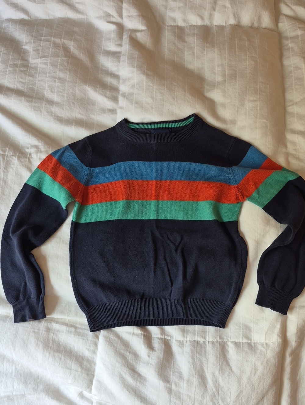 Basic Editions Navy Crewneck Sweater with Red, Blue, and Green Stripes